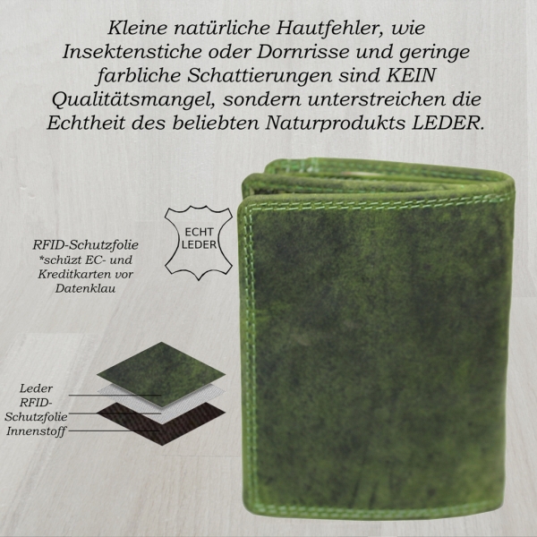 flevado Geldbörse Unisex Damen Herren Echt Leder RFID Schutz Grün
